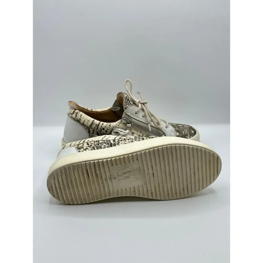 GIUSEPPE ZANOTTI Frankie Sneakers Lizard Emboss Leather White Beige Sz 38/US 7.5